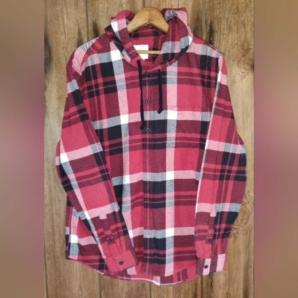 American Eagle Hooded Flannel Shirt Men's Sz XL Button Down Plaid